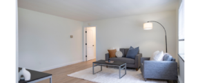 a living room filled with furniture and a lamp