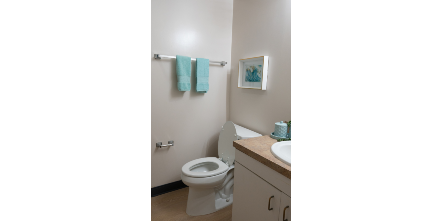 a bathroom with a toilet, sink, and mirror