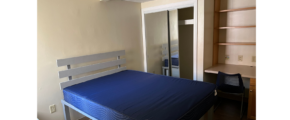 a bed sitting in a bedroom next to a book shelf