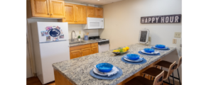 a kitchen with a counter top and a refrigerator