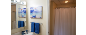 a bathroom with a shower, sink, and mirror