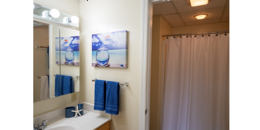 a bathroom with a shower, sink, and mirror