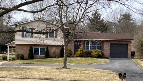 a house with a driveway and trees in the front yard