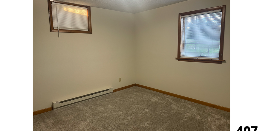 an empty bedroom with gray carpet two windows