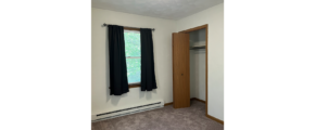 an empty room with a closet, carpet, and window