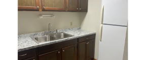 a kitchen with gray LVP, a white refrigerator freezer, and a kitchen sink