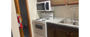 a kitchen with a sink, stove and microwave