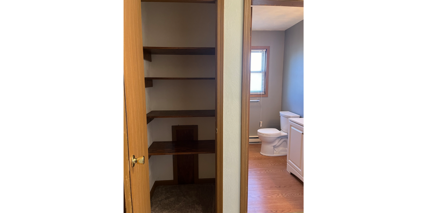 a closet with shelves and a bathroom next to it