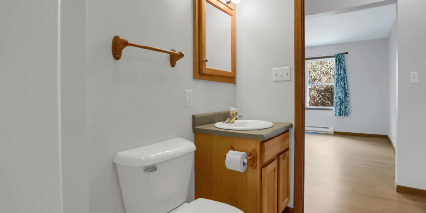 a bathroom with a toilet, sink and mirror