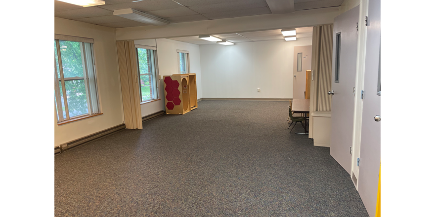 an empty room with gray carpet, white walls, and 2 windows