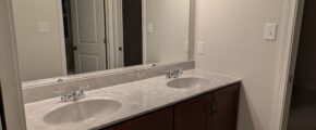 a bathroom with two sinks and a large mirror