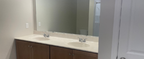 a bathroom with two sinks and a large mirror