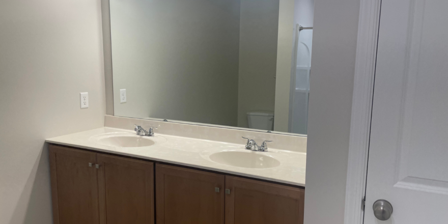 a bathroom with two sinks and a large mirror